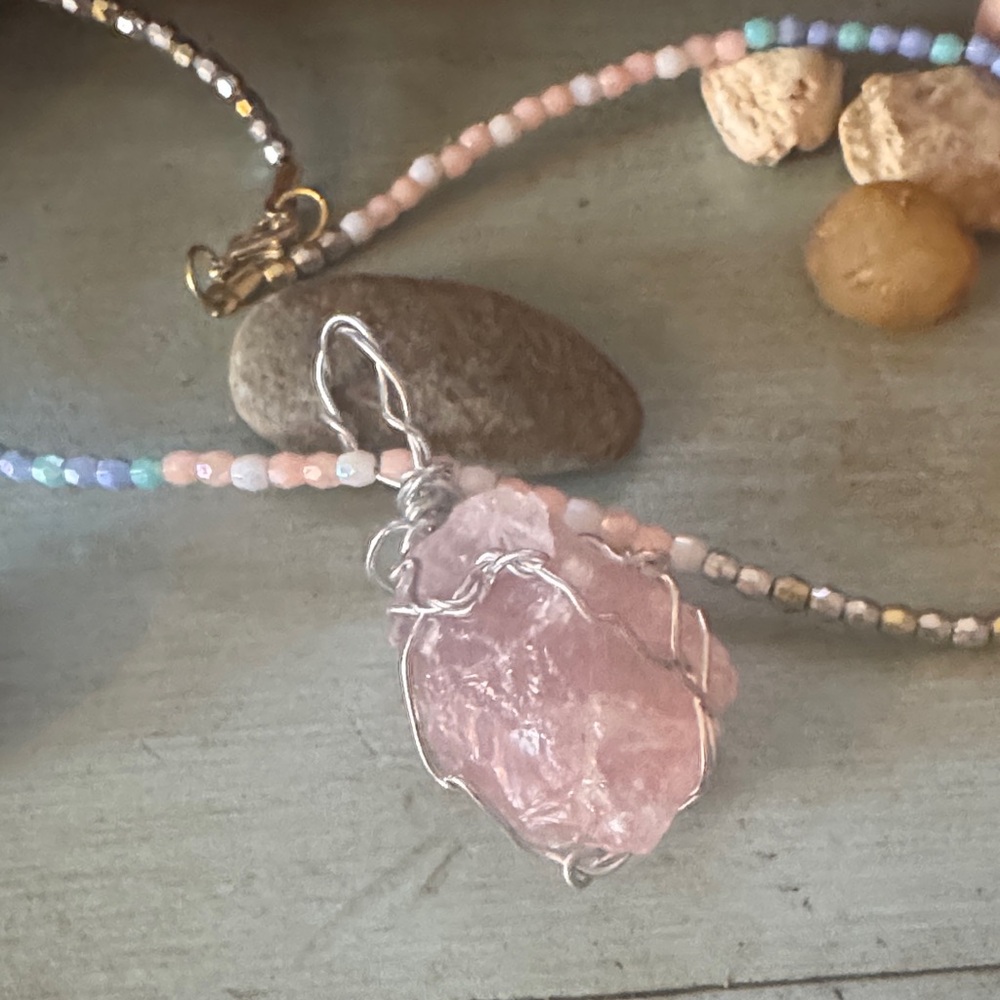 Elegant Genuine Raw Rose Quartz Pendant Necklace on cute Beaded Chain